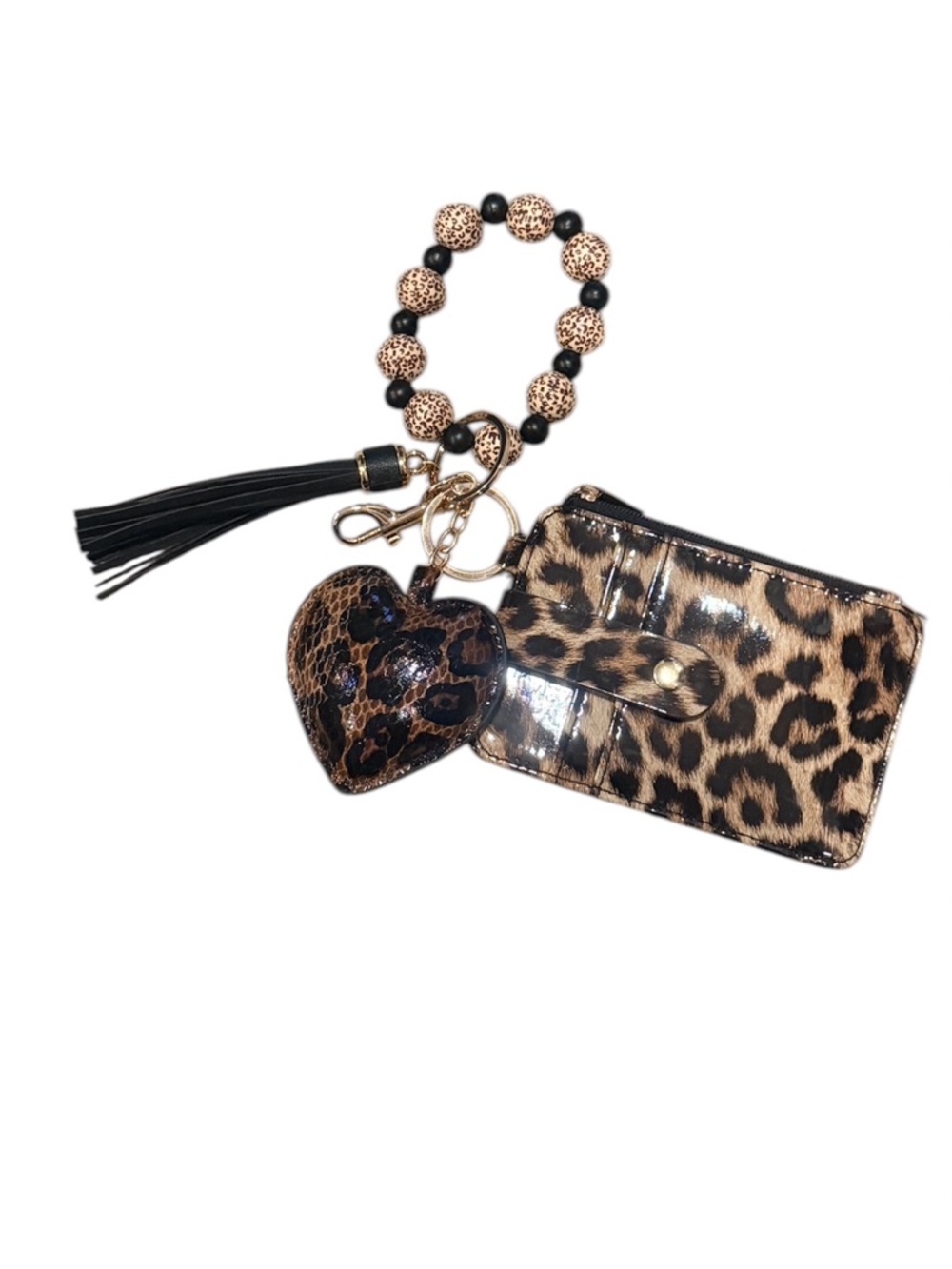 Leopard Print Wristlet Keychain Wallet Card Holder Tassel Charm Set